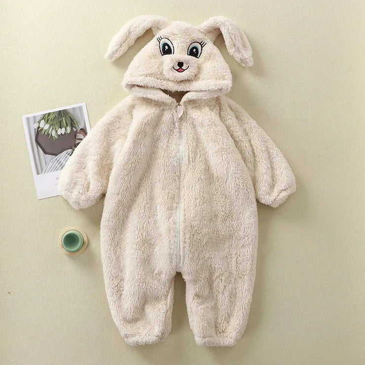 Baby  Romper Fleece Cartoon Bunny Hooded Jumpsuit